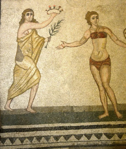 Mozaicul Roman Antic Unei Fete Într Bikini Care Câștigat Joc — Fotografie, imagine de stoc