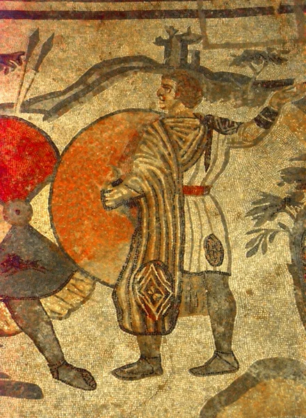 Mosaico Romano Antigo Homem Dirigindo Uma Caça Leão Com Escudo — Fotografia de Stock