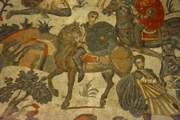 Ancient Roman Mosaic Horsemen Shields Taking Part Hunt Large Animals — Stock Photo, Image