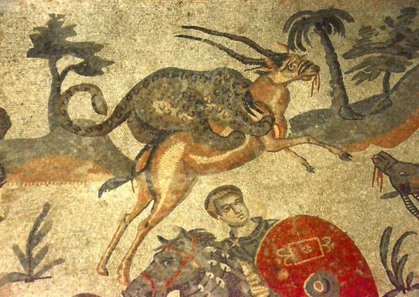 Ancient Roman Mosaic Leopard Attacking Antelope Africa Unesco Listed Ancient — Stock Photo, Image