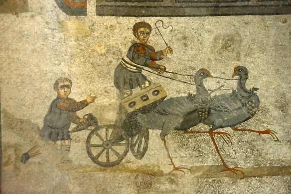 Ancient Roman Mosaic Child Chariot Drawn Francolin Team Factio Veneta — Stock Photo, Image