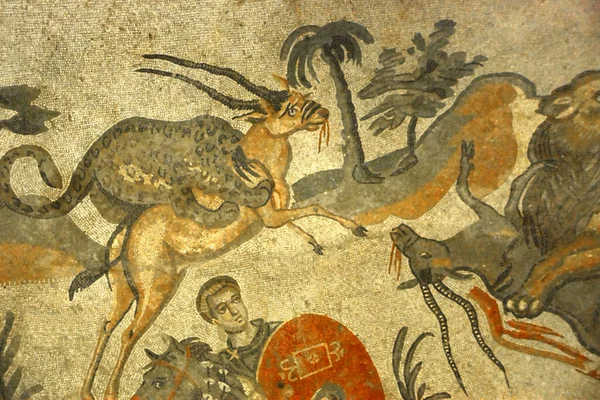 Ancient Roman Mosaic Leopard Attacking Antelope Africa Corridor Great Hunt — Stock Photo, Image