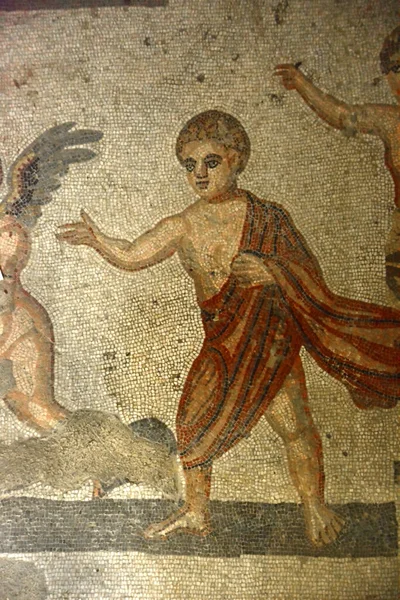 Ancient Roman Mosaic Boy Wearing Red Tunic Them Bags Money — Stock Photo, Image