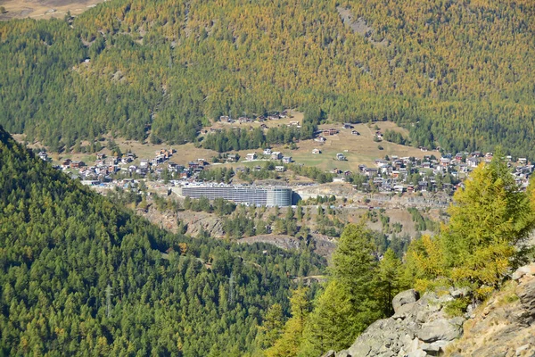Estância Montanhosa Suíça Saas Fee Cercada Por Pinheiros Lariços Altas — Fotografia de Stock
