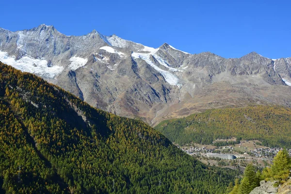 Estación Montaña Suiza Saas Fee Rodeado Pinos Alerces Con Telón —  Fotos de Stock