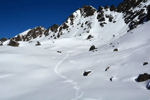 Lyžařské Stopy Přes Čerstvý Sníh Ráji Pro Divoké Lyžování — Stock fotografie