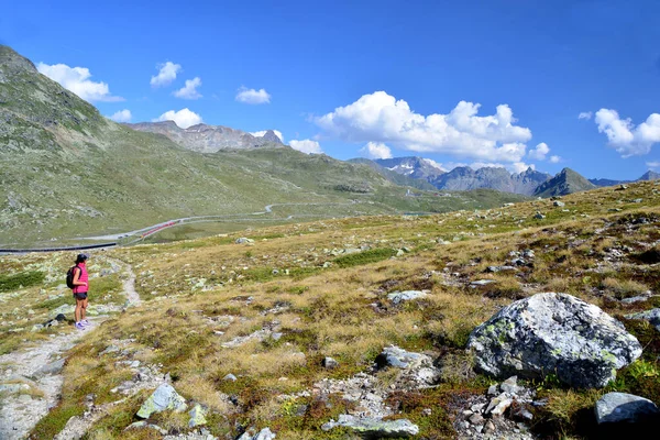 Flicka Vandrare Ser Över Bernina Pass Södra Schweiz Nära Moritz — Stockfoto