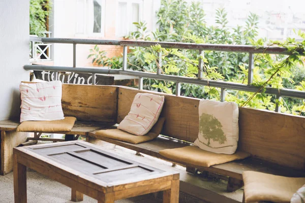 Kathmandu Nepal July 2020 Terrace Balcony Wooden Recycled Furniture Home — Stock Photo, Image