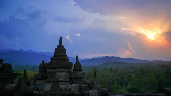 Glorious Sunset Borobudur Temple East Java Indonesia Blue Orange Sky — Stock Photo, Image