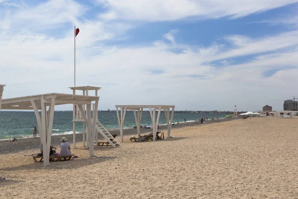 Evpatoria Crimea Temmuz 2018 Kurtarma Kulesi Tenteler Novy Beach Resort — Stok fotoğraf