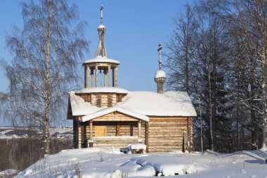 Kış manzarası ile Spassky Şapel Rogachikha Köyü, Verkhovazhsky district, Vologda region, Rusya Federasyonu
