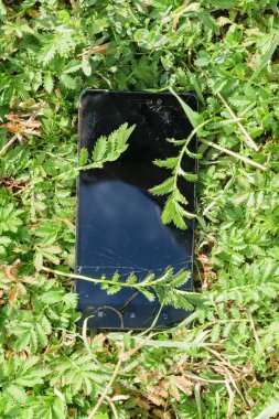 Kayıp bir akıllı telefon otla kaplıdır. Dokunma ekranı kırılmış..