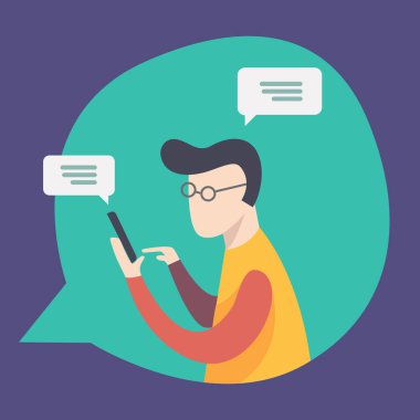 çalışan söz ve ağ üzerinde sohbet. İletişim, sohbet, iletileri, sosyal ağlar. online iletişim ve iş Illustration. Vektör