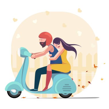 Sevgi dolu çift sürme scooter. Genç çift, adam ve bir motosiklet sürme kadının zaman birlikte, hızlı ve kolay şehir ulaşım. Vektör karikatür çizim