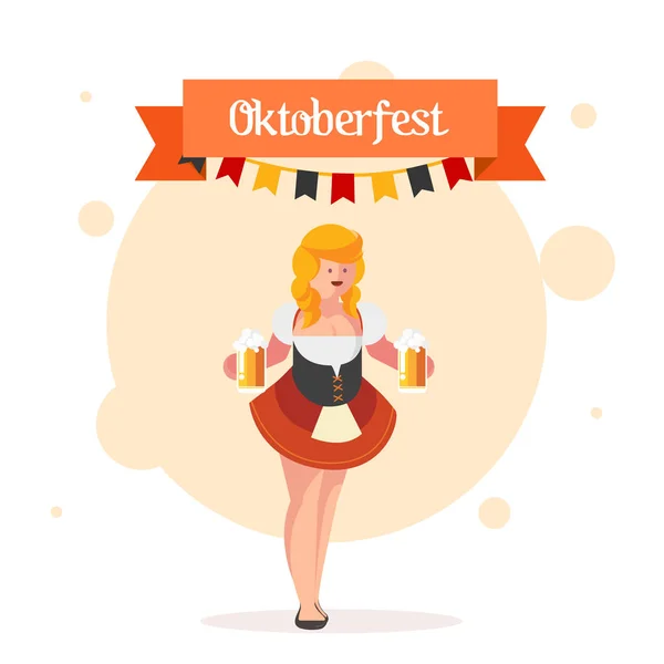 Oktoberfestmädchen Tracht Serviert Große Bierkrüge Oktoberfest Banner Vektor Cartoon Illustration — Stockvektor