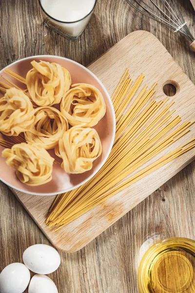 Preparation Recipe Bread Pizza Spaghetti Making Ingridients Food Flat Lay — Stock Photo, Image