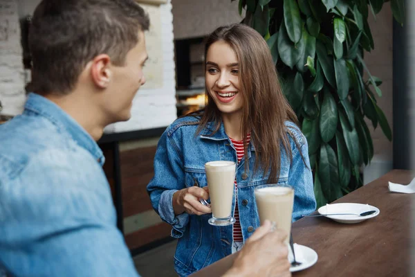 Couple Coffee Date Beautiful Smiling People Love Drinking Coffee Talking — Stock Photo, Image