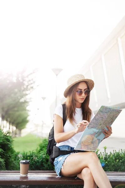 Young Smiling Traveler Girl Coffee Searching Location Map Sitting Bench — Stock Photo, Image