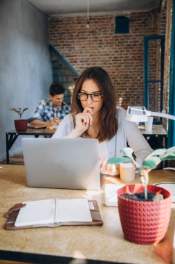 Genç sakallı işkadını kot gömlek Office masada oturuyor ve çizelgeler, grafikler ve diyagramlar üzerinde ekran ile laptop kullanıyor. Adam working.startu