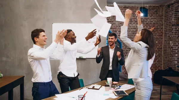 Did Group Young Confident Business People Throwing Paper Air While — Stock Photo, Image