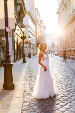 Gelin ve damat kente sokak sarılma. Evlilik çift aşık. Lüks yapay elmas elbise. Sıcak yaz günlerinde.