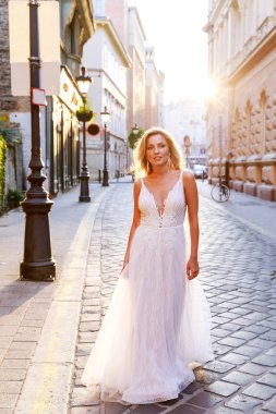 Gelin ve damat kente sokak sarılma. Evlilik çift aşık. Lüks yapay elmas elbise. Sıcak yaz günlerinde.