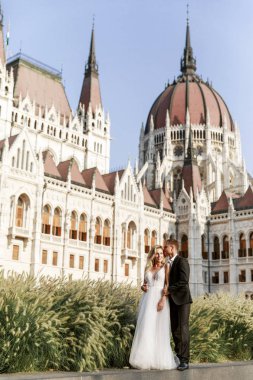 Gelin ve damat kente sokak sarılma. Evlilik çift aşık. Lüks yapay elmas elbise. Sıcak yaz günlerinde.