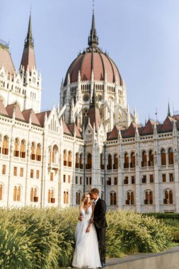 Gelin ve damat kente sokak sarılma. Evlilik çift aşık. Lüks yapay elmas elbise. Sıcak yaz günlerinde.