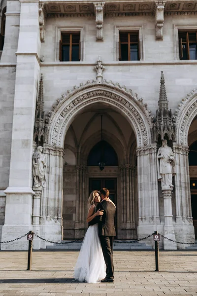 Bride Groom Hugging Old Town Street Wedding Couple Love Luxury — Stock Photo, Image