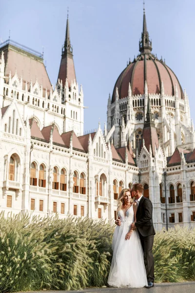 Bride Groom Hugging Old Town Street Wedding Couple Love Luxury — Stock Photo, Image