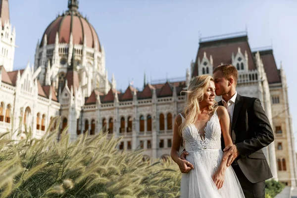 Bride Groom Hugging Old Town Street Wedding Couple Love Luxury — Stock Photo, Image