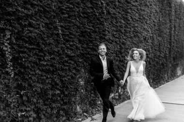 Gelin ve damat kente sokak sarılma. Evlilik çift aşık. Lüks yapay elmas elbise. Sıcak yaz günlerinde.