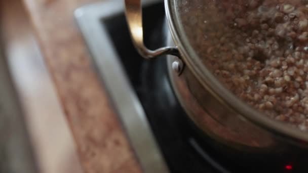 Buckwheat Porridge Cooking Kitchen Close — Stock Video