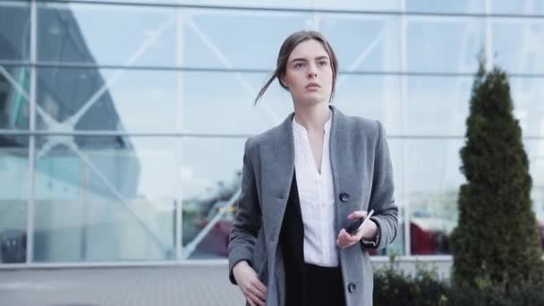 Young Successful Businesswoman Taking Walk Office Building Looking Stylish Serious — Stock Video