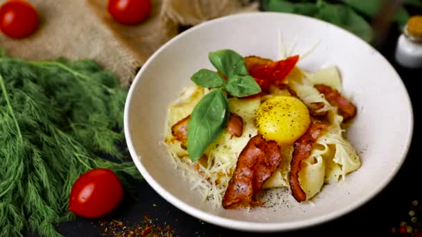 Bacon Pasta Egg Italian Carbonara Plate Raw Egg Top View — Stock Video