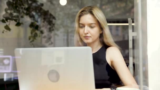 Jovem Mulher Atraente Compras Line Inserir Número Cartão Crédito Computador — Vídeo de Stock