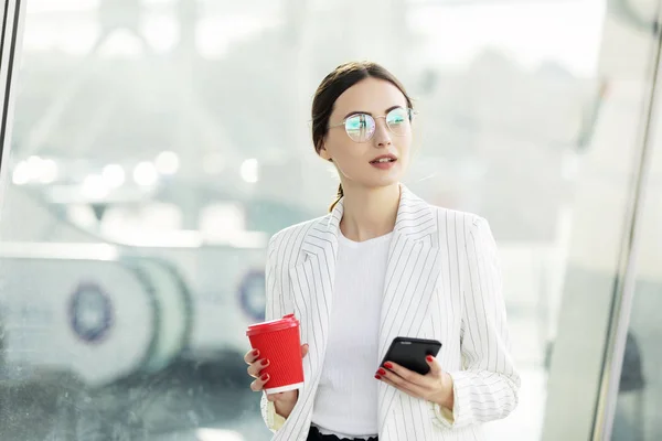 Cropped Image Successful Business Woman Wearing Suit Using Modern Smartphone — Stock Photo, Image