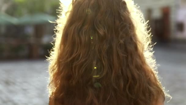 Pretty Smiling Curly Woman Stylish Look Confidently Walks Street Touches — Stock Video