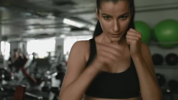 Självsäker stark tjej i sport bh boxning på gymmet — Stockvideo