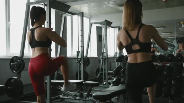 Chicas fuertes calentando las piernas antes del entrenamiento en el gimnasio — Vídeos de Stock