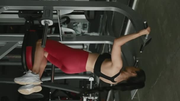 Atletisk ung kvinna drar upp på horisontell bar på gym — Stockvideo
