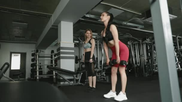 Charmante gezonde coach in sportkleding die haar vrouwelijke cliënt controleert tijdens het uitvoeren van squats down met zware lange halter. Mooie vrouw workout in de sportschool met professionele trainer. — Stockvideo
