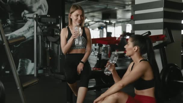 Ευτυχισμένες Νεαρές Κυρίες Δυνατό Σώμα Ντυμένες Αθλητικά Ρούχα Πόσιμο Νερό — Αρχείο Βίντεο