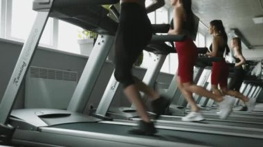 Spor kıyafetleriyle spor salonunda koşu bandında koşan iki mutlu aktif kız. Güzel bayan arkadaşlar sohbet ediyor ve birlikte kardiyo yapıyorlar. Dayanıklılık ve motivasyon kavramı.