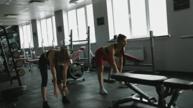 Spor sutyenli ve taytlı genç kızların spor salonundaki antrenmandan önce bacaklarını ısıtmasının düşük açılı görüntüsü. Motivasyon, destek ve aktif yaşam tarzı kavramı.