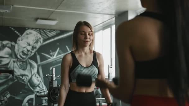 Grupp Två Vackra Fitness Kvinnor Sport Kläder Utbildning Armar Med — Stockvideo