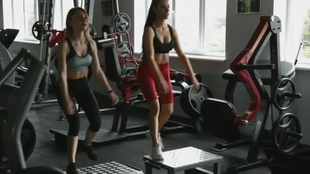 Charmig Hälsosam Tränare Sportkläder Kontrollerar Sin Kvinnliga Klient Utför Knäböj — Stockvideo