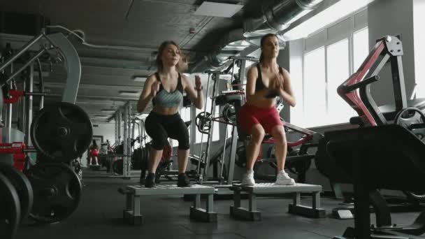 Group Two Young Active Women Raising Legs Step Platforms Sport — Stock Video