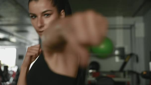 Fille Forte Confiante Avec Les Cheveux Foncés Dans Boxe Haut — Video