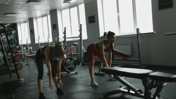 Vista Ángulo Bajo Las Niñas Fuertes Sujetador Deportivo Polainas Calentando — Vídeos de Stock